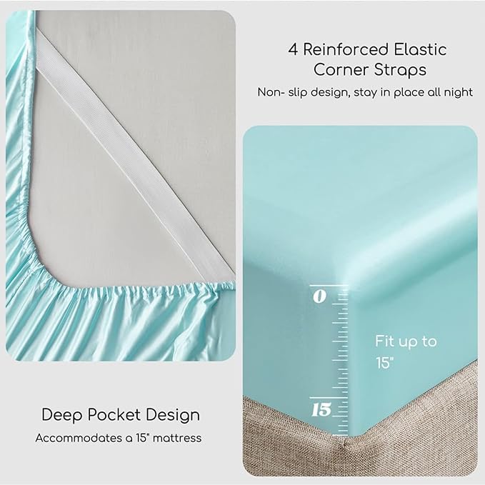 MR&HM Satin Bed Sheets, Queen Size Sheets Set, 4 Pcs Silky Bedding Set with 15 Inches Deep Pocket for Mattress (Queen, Turquoise)