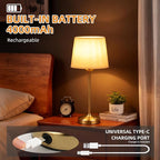 Deogos Cordless Table Lamp Gold with Dimmer, 4000mAH Battery Operated Lamp Rechargeable, 3 Color Temperature Touch Control Fabric Desk Light for Dining Room, Bedroom, Bar, Patio, Counter, Restaurant