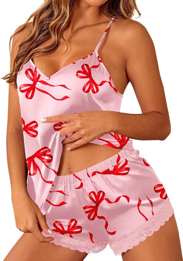 Ekouaer Satin Pajamas Women Lace Sleepwear Lingerie Cami Shorts Set Nightwear XS-XXL