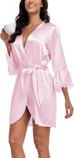 Lace Trim Satin Robes for Women Bride Bridesmaid Silky Kimono Robe Valentines Lingerie with Bell Sleeves