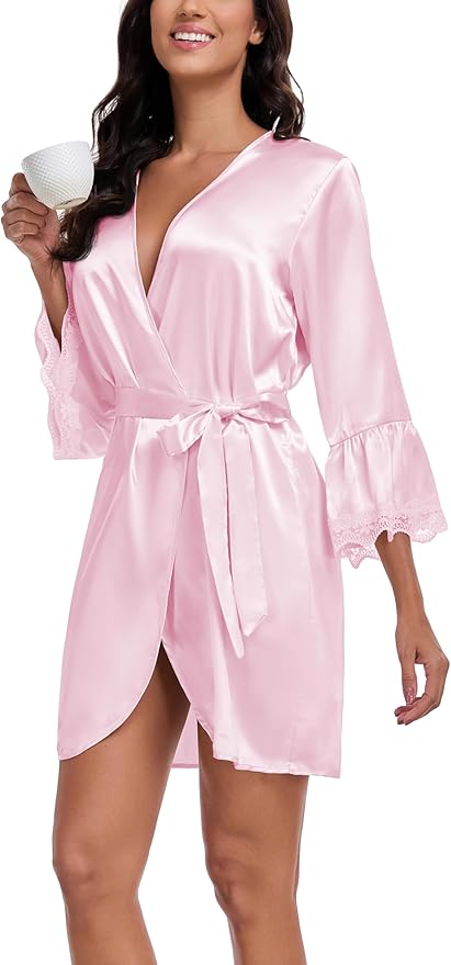 Lace Trim Satin Robes for Women Bride Bridesmaid Silky Kimono Robe Valentines Lingerie with Bell Sleeves