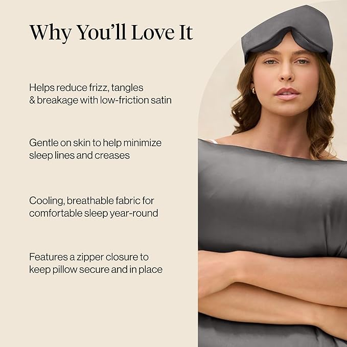 Kitsch Satin Pillowcase with Zipper for Hair & Skin - Softer Than Silk Pillow Cases, Smooth Cooling Satin Pillow Case, Wrinkle-Free, Machine Washable - King Size Satin Pillow Case (19x36) - Charcoal