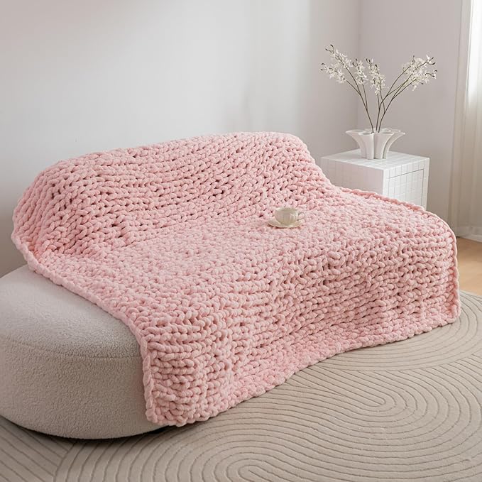 Luxury Chunky Knit Blanket Throw, Handmade Thick Chenille Yarn Throw 50x60, Blush Pink Cable Knit Crochet Blanket, Decorative Cozy and Soft Crochet Throw Blanket for Couch Home Decor