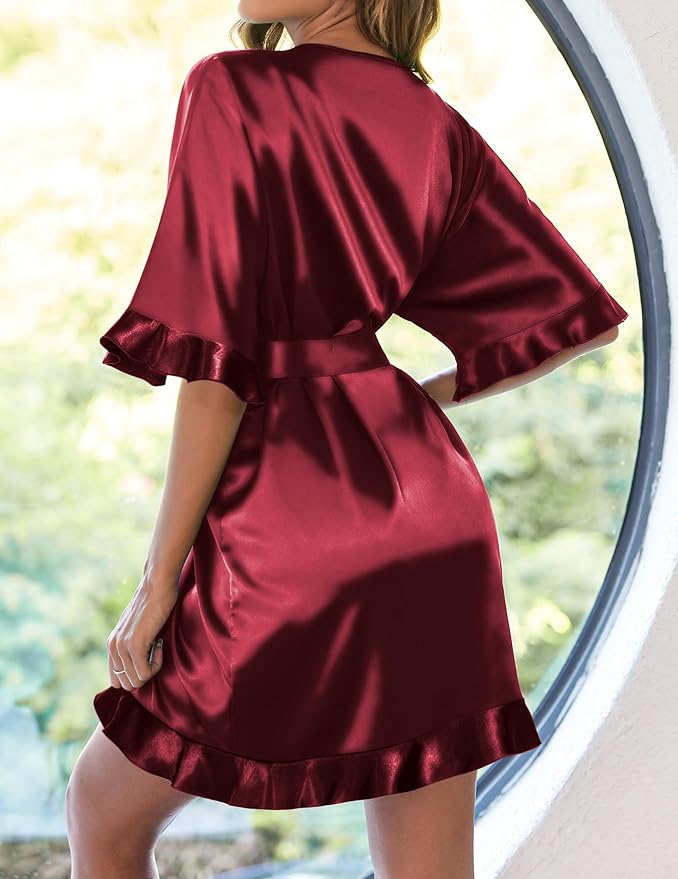 Ekouaer Womens Silk Ruffle Robe Short Satin Kimono Robe Half Sleeve Bathrobe Bridesmaid Wedding Party Dressing Gown