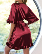 Ekouaer Womens Silk Ruffle Robe Short Satin Kimono Robe Half Sleeve Bathrobe Bridesmaid Wedding Party Dressing Gown