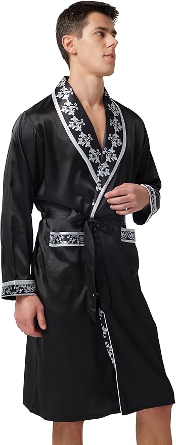 Tony & Candice Men's Satin Robe Lightweight Long Sleeve Silk Kimono Bathrobe with Shorts Set Sleepwear