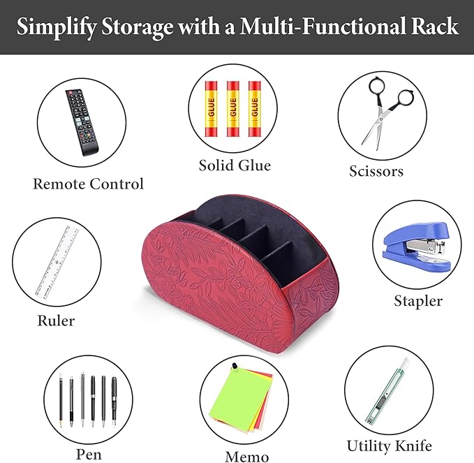 QIELIZI Remote Control Holder, PU Leather Remote Caddy Desktop Organizer with 5 Spacious Compartments for TV Remotes/Media Controllers/Office Supplies (1-Carved Red