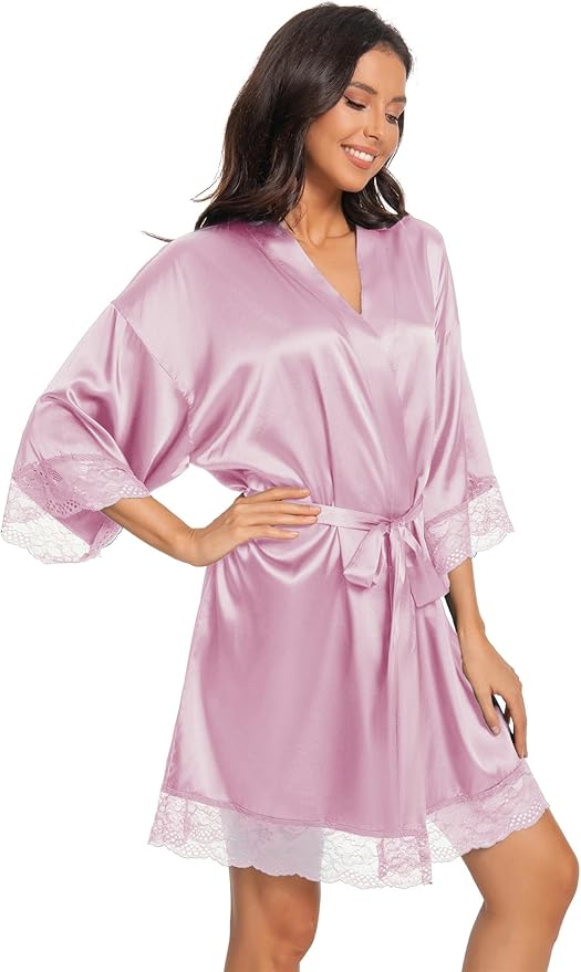 Kihnop Women's Satin Robe Silk Robe Lace Bridal Robes for Bride Bridesmaid Robes Silky Bathrobe Getting Ready Sleepwear