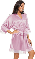 Kihnop Women's Satin Robe Silk Robe Lace Bridal Robes for Bride Bridesmaid Robes Silky Bathrobe Getting Ready Sleepwear