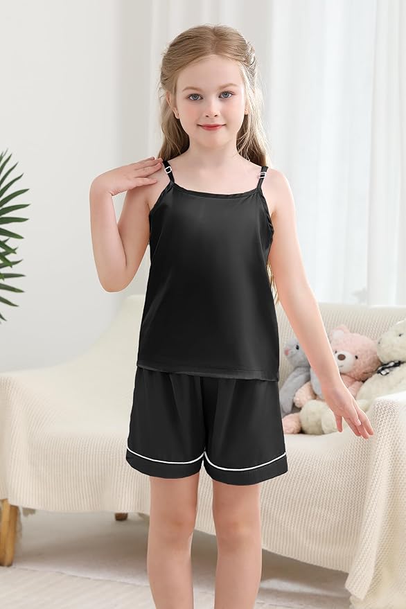 Weixinbuy Girls Pajamas Silk PJS Set Sleeveless Pajama Tank Elastic Waist Shorts Sleepwear Kids Summer Nightwear Clothes Set