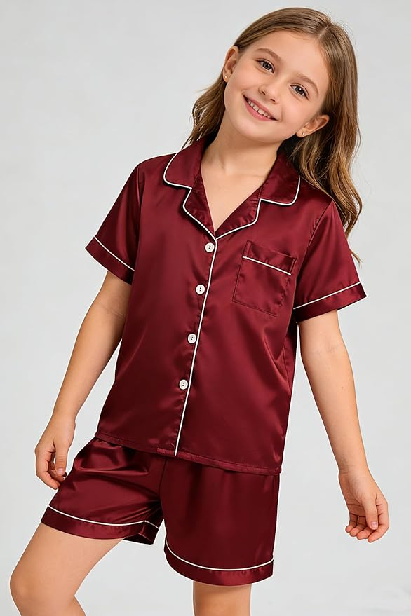 Hupohoi Unisex Girls Boys Kids Pajama Sets Button Down Satin Sleepwear Nighty 3PCS Silky Lounge Sets Nightwear