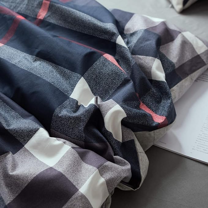Luxlovery Navy Plaid Comforter Set California King Men Women Dark Blue Checkered Bedding Comforter Set Red Striped Buffalo Soft Breathable Navy Blue Comforter with 2 Pillowcases Cal King Bed