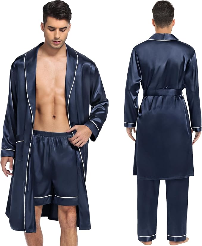 SWOMOG Men's Satin Robe 3 Pcs Silky Kimono Bathrobe Set Lightweight Soft Loungewear Nightwear