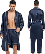 SWOMOG Men's Satin Robe 3 Pcs Silky Kimono Bathrobe Set Lightweight Soft Loungewear Nightwear