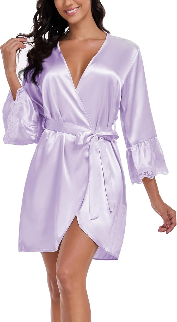 Lace Trim Satin Robes for Women Bride Bridesmaid Silky Kimono Robe Valentines Lingerie with Bell Sleeves