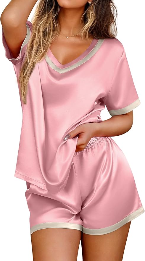 Ekouaer Silk Pajamas for Women Short Sleeve Satin Sleepwear Soft 2 Piece Pjs Shorts Set Loungewear,S-XX