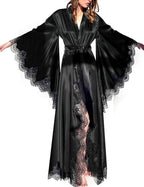 BATHGOWN Women's Satin Robe Black Silk Kimono Bride Robe for Wedding Day Lightweight Long Lace Loungewear Sleepwear