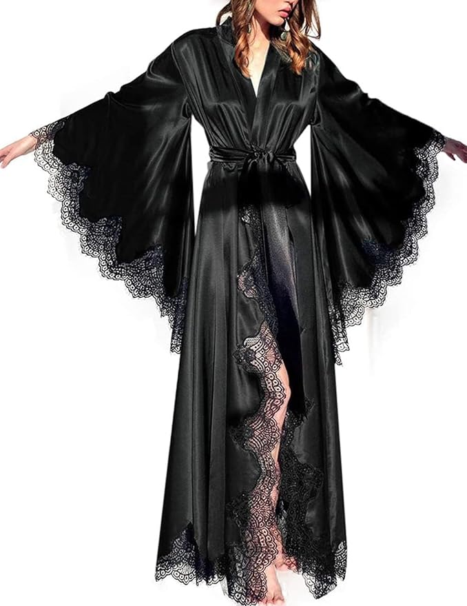 BATHGOWN Women's Satin Robe Black Silk Kimono Bride Robe for Wedding Day Lightweight Long Lace Loungewear Sleepwear
