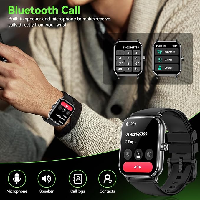 Smart Watch for Men Women, 1.85" HD Fitness Tracker with Bluetooth Calls, 5 ATM Waterproof, 130+ Sport Modes, 24/7 Heart Rate/Sleep Monitor, Pedometer, Calories, Smartwatch for Android iOS (Black)