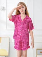 Umeyda Girls & Women Satin Pajamas Set Button Down 2 Piece Silk Pjs Shorts Set Ruffle Sleepwear, 5 Years-Women L