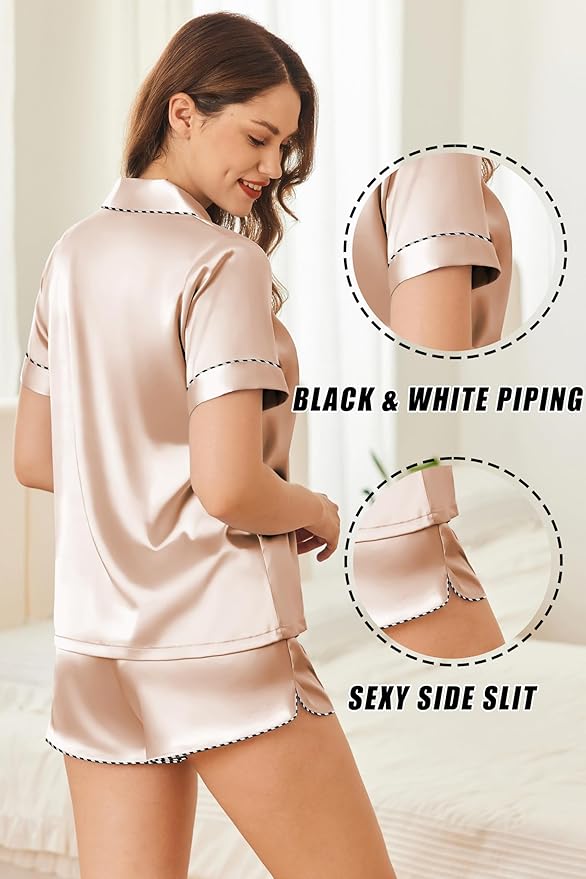 Ekouaer Silk Satin Pajamas Set Short Sleeve Pj Sets Black & White Contrast Piping Pjs Button Down Lounge Sets 2 Piece