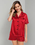 LecGee Womens Silk Satin Pajamas Short Sleeve Loungewear Two-Piece Sleepwear Button-Down Pj Set