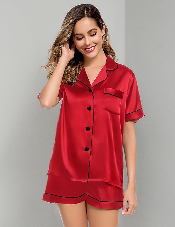LecGee Womens Silk Satin Pajamas Short Sleeve Loungewear Two-Piece Sleepwear Button-Down Pj Set