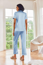 Ekouaer Silk Satin Pajamas Set Women Short Sleeve Sleepwear Soft Button Down Loungewear Pjs Set