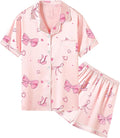 Umeyda Women & Girls Pajamas Set, Soft Satin Lightweight Silk Button-Down Top with Shorts 2 Piece PJS for Mom Boys Kids Gifts