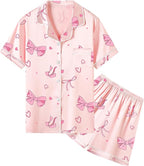 Umeyda Women & Girls Pajamas Set, Soft Satin Lightweight Silk Button-Down Top with Shorts 2 Piece PJS for Mom Boys Kids Gifts