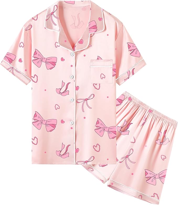 Umeyda Women & Girls Pajamas Set, Soft Satin Lightweight Silk Button-Down Top with Shorts 2 Piece PJS for Mom Boys Kids Gifts