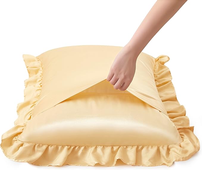 Silky Satin Ruffled Pillow Cases for Hair and Skin,Gold Silk Pillowcases Standard Set of 2 with Envelope Closure Princess Room Decoration