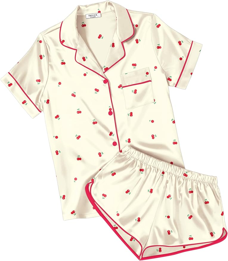 Ekouaer Womens Silk Satin Pajamas Short Sleeve PJS Shorts Set Soft Button Down Sleepwear 2 Piece Loungewear S-5XL