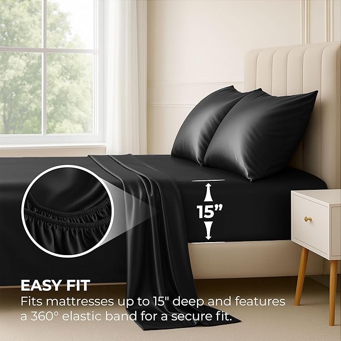 Pure Bedding Satin Sheets Queen [4-Piece, Black] Hotel Luxury Silky Bed Sheets - Extra Soft 1800 Microfiber Sheet Set, Wrinkle, Fade, Deep Pocket Fitted Sheet, Flat Sheet, Pillow Cases