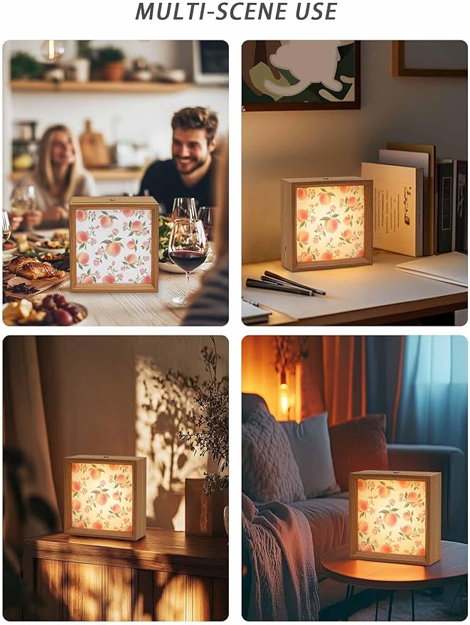 Wood Night Light Box 6.5x6.5in,Summer Fruit Pink Honey Peach Table Lights Wooden Picture Frame with USB Rechargeable Touch LED Lights for Home Decor Desktop Display,Watercolor Plants
