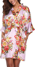 Women's Floral Satin Robes Bride Bridesmaid Getting Ready Robe Short Silky Kimono Sleepwear for Wedding Party
