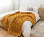 Chunky Knit Blanket Soft Chenille Yarn Knitted Throw Blanket 50"X60" Handmade Cable Warm Thick Giant Blanket for Couch Bed Trips (Turmeric Yellow, Throw 50"X60")?-¡­