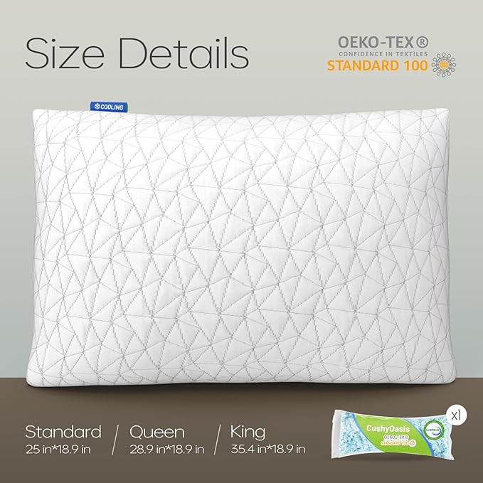 CushyOasis Shredded Memory Foam Pillows, Bed Pillows for Sleeping, Queen Size Pillows, Cooling Pillow, Stomach and Back Sleepers with Removable Washable Pillowcase (Queen*1)