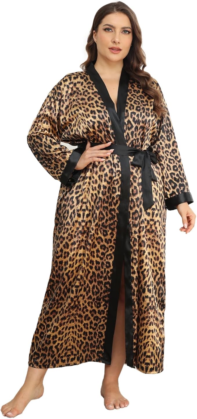 Womens Plus Size Silky Satin Kimono Robe Floral Long Bathrobe Wedding Sleepwear Dressing Gown