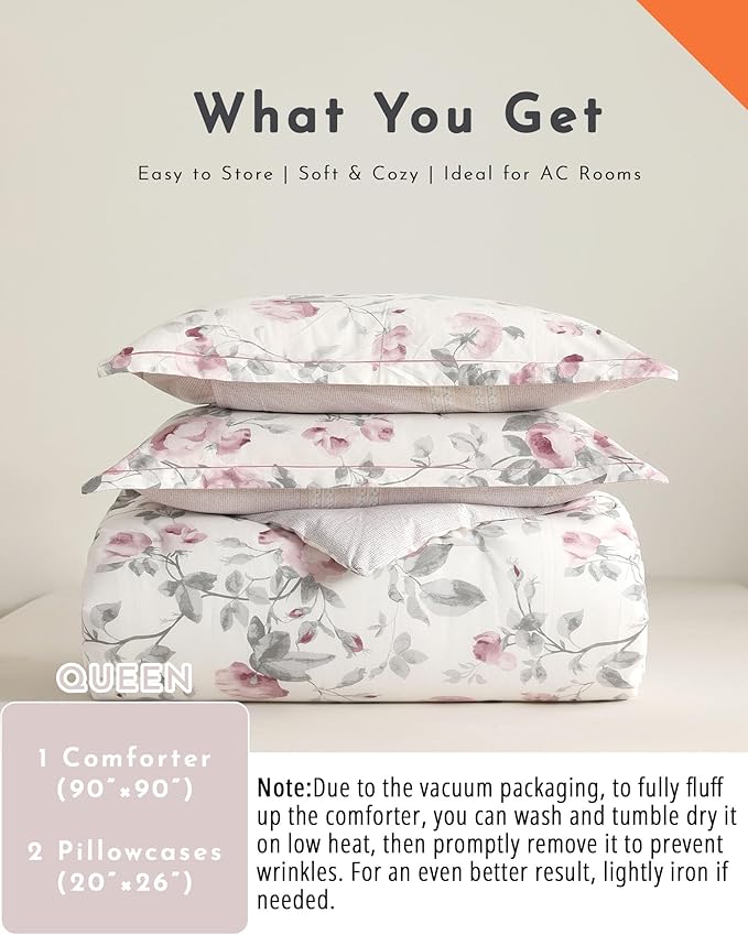 ALEISSEL Vintage Cotton 3pcs Floral Comforter Sets Queen Size - Dusty Rose & Soft Gray Foliage on White, Blush French Striped Patchwork Reverse, Neutural Lightweight Bedding Sets(Queen 90"×90")