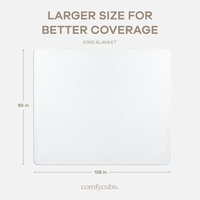 Comfy Cubs Muslin Blanket for Adults King 108" x 90" - 6 Layer Soft, Breathable & Lightweight Muslin Adult Blanket - Machine Washable & Designed in The US Bedding for All Seasons - White