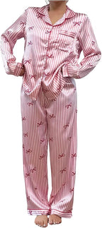 WDIRARA Women's 2 Piece Bowknot Print Satin Pajama Set Long Sleeve Button Down Lounge Pants Sleepwear Sets