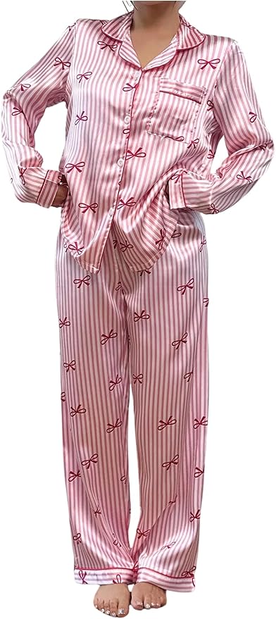 WDIRARA Women's 2 Piece Bowknot Print Satin Pajama Set Long Sleeve Button Down Lounge Pants Sleepwear Sets
