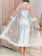 OYOANGLE Women's Mesh Robe Set 2 Pieces Pajamas Sets Sexy Soft Robe with Silk Satin V Neck Cami Dress Nightgown