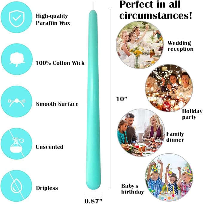 12-Pack Mint Green Taper Candles, 10 Inch Unscented Dripless Candlesticks, Long-Lasting Burn Time of 7-8 Hours, Perfect for Home Décor, Spring and St. Patrick's Day