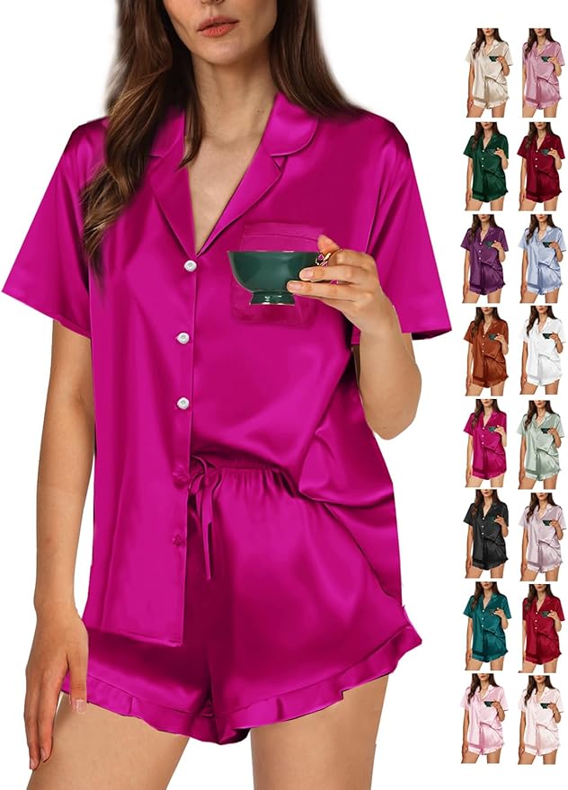 WJing Yi Jia Ruffle Pajama Sets For Women XS-4XL Womens Silk Satin Pajamas Set Silky Sleepwear Pj Sets Nightwear Loungewear