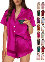 WJing Yi Jia Ruffle Pajama Sets For Women XS-4XL Womens Silk Satin Pajamas Set Silky Sleepwear Pj Sets Nightwear Loungewear