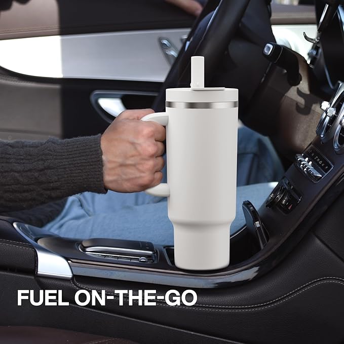ENCOOL 40 oz Tumbler with Handle and Straw: Stainless Steel Insulated Tumbler Keeps Cold for 24 Hours, Leakproof Travel Cup Fits in Cup Holder and BPA-Free, Cream Moon