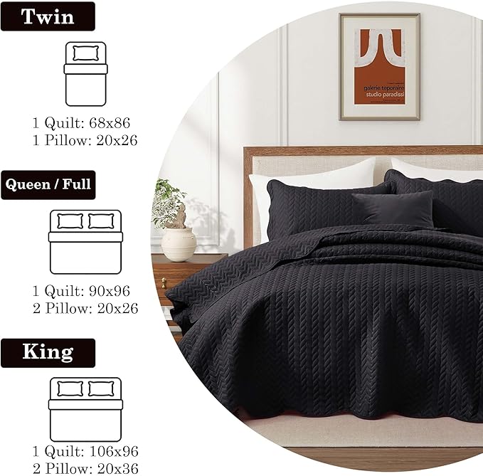 IR Imperial Rooms Queen Quilt Bedding Set (90" x 96") - Bulk Pack of 10 Wholesale for Hotels, Guest Bedroom & Airbnbs - Lightweight Microfiber Reversible Embossed Quilts Bedspreads (Black)