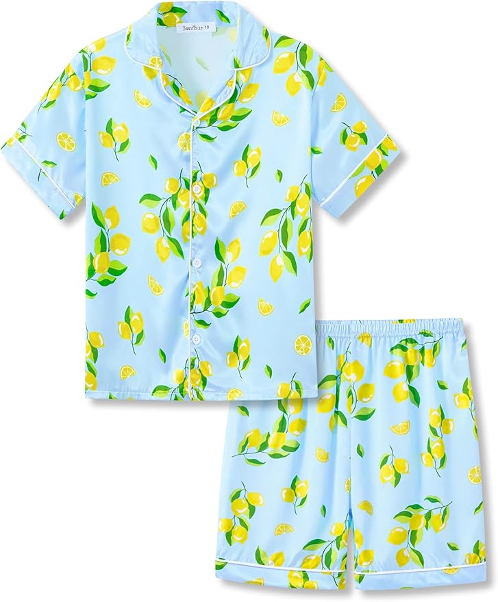 Beezizac Little & Big Girls Satin Silky Button Pajama Summer Short Sleeves Set Trendy Outfit Kid Size 6-16